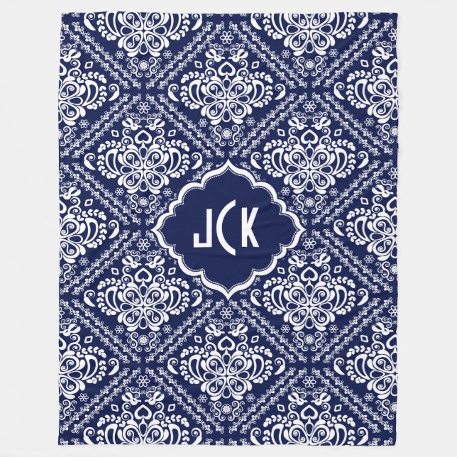 Monogramed White Floral Damasks & Blue Background Fleece Blanket (Front)