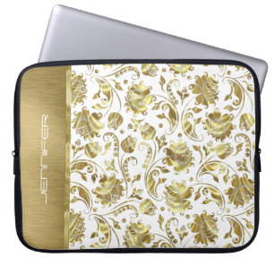 Monogramed White & Gold Damasks Pattern Laptop Sleeve