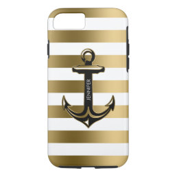 Monogramed White &amp; Gold Stripes, Nautical Anchor iPhone 8/7 Case