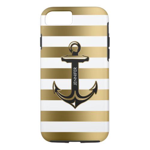 Monogramed White  Gold Stripes Nautical Anchor iPhone 87 Case