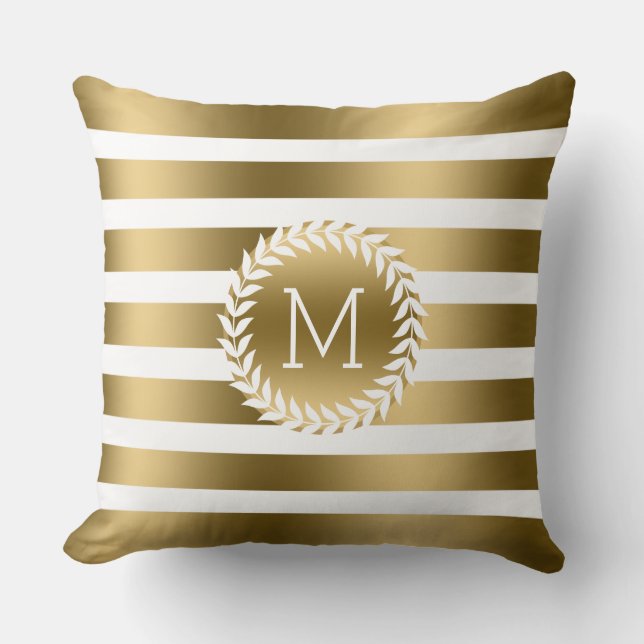 Monogramed White & Gold Stripes & White Wreath Throw Pillow (Front)