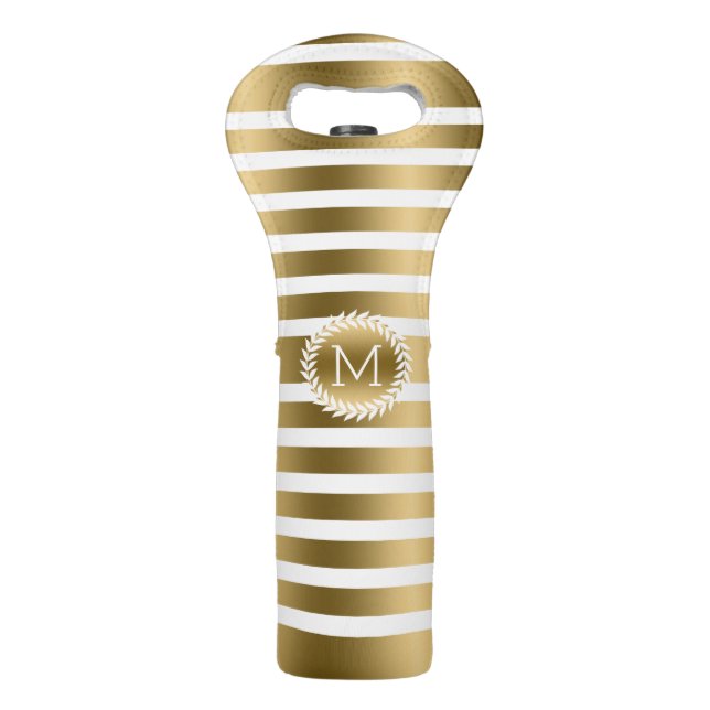 Monogramed White & Gold Stripes & White Wreath Wine Bag (Front)