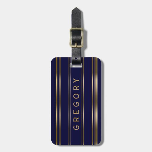 MonogramedNavy Blue And Gold Stripes Pattern Luggage Tag