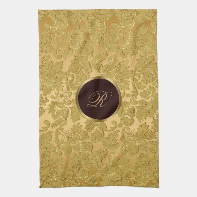 Monogramm Monochromatic Gold Floral Damasks Kitchen Towel (Vertical)