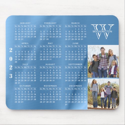Monogrammed 2023 Calendar Family Photo Blue Mouse Pad