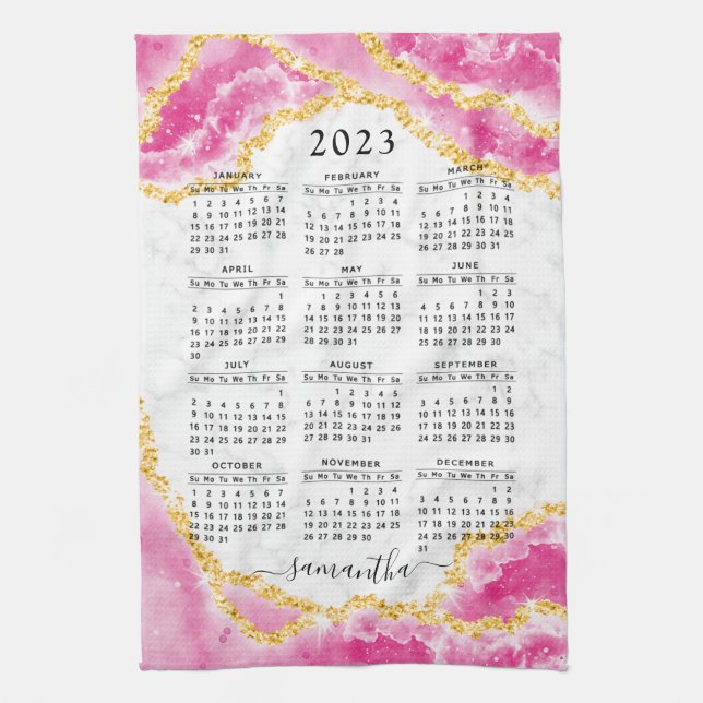 Monogrammed 2023 Calendar Girly Elegant Pink White Kitchen Towel (Vertical)
