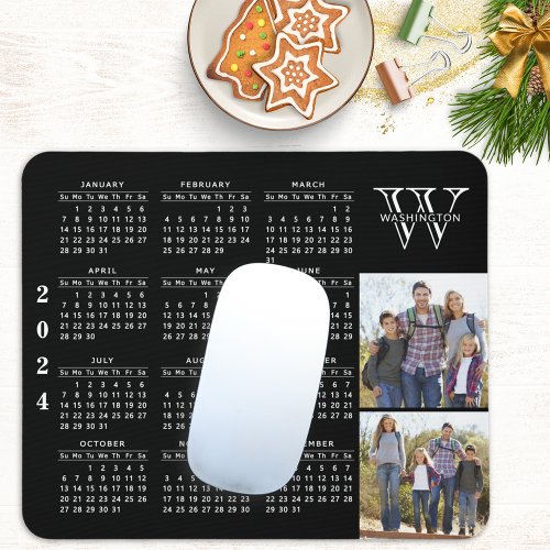 Monogrammed 2024 Calendar Family Photo Black White Mouse Pad