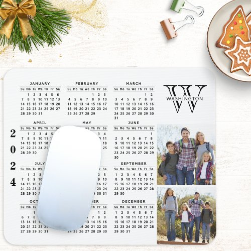 Monogrammed 2024 Calendar White Black Family Photo Mouse Pad