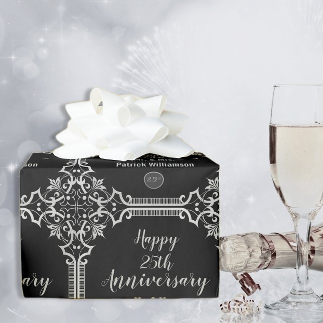 Monogrammed 25th Wedding Anniversary Silver Wrapping Paper (Creator Uploaded)