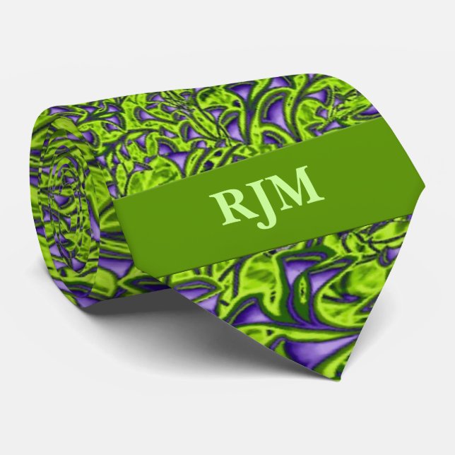 Monogrammed 2-Sided Green and Purple Paisley Tie (Rolled)