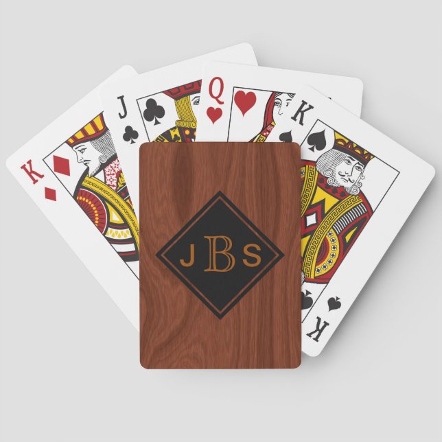 Monogrammed 3 Letters | Mahogany Woodgrain Look Poker Cards (Back)