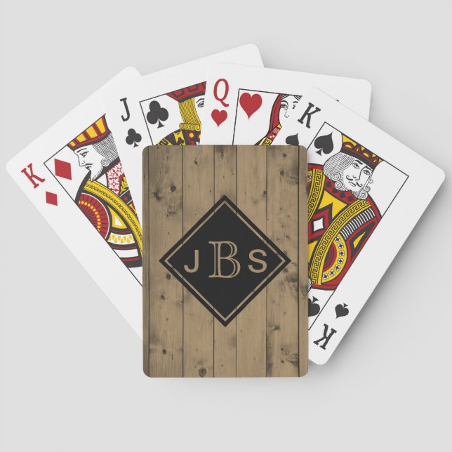 Monogrammed 3 Letters | Rustic Barn Wood Texture Poker Cards (Back)