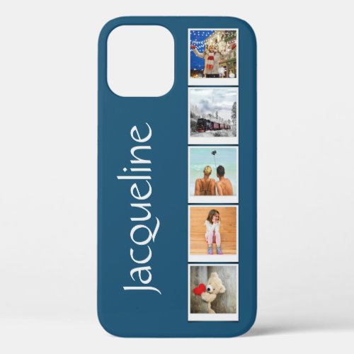 Monogrammed 5 photo Collage Blue iPhone 12 Case