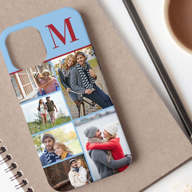 Monogrammed 6 Photo Collage Blue Red Case-Mate iPhone Case (Creator Uploaded)