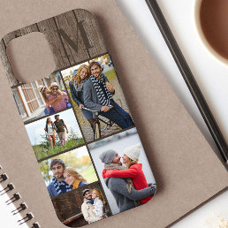 Monogrammed 6 Photo Collage Brown Wood iPhone 12 Pro Max Case