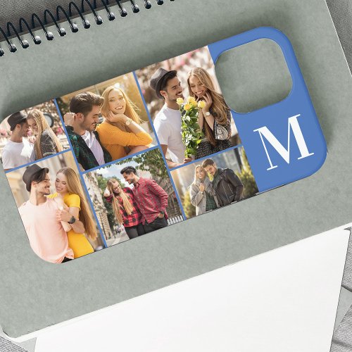 Monogrammed 6 Photo Collage Horizontal Blue iPhone 12 Pro Max Case