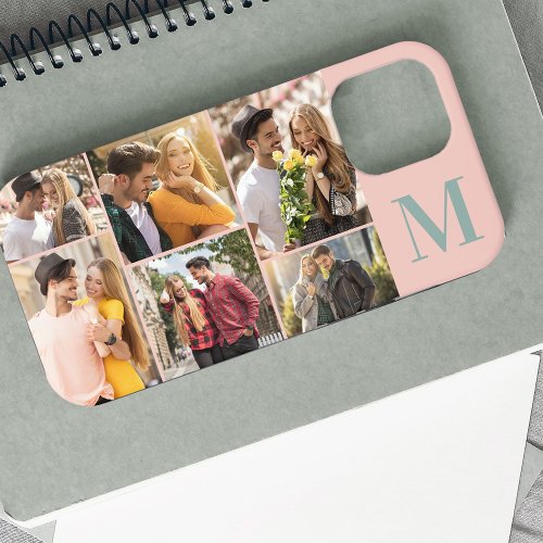 Monogrammed 6 Photo Collage Horizontal Peach iPhone 12 Pro Max Case