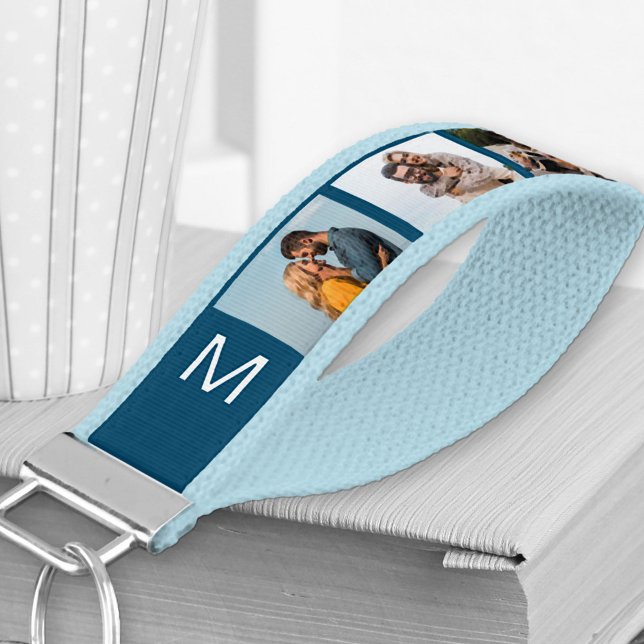 Monogrammed 6 Photo Collage Landscape Ocean Blue Wrist Keychain (Creator Uploaded)
