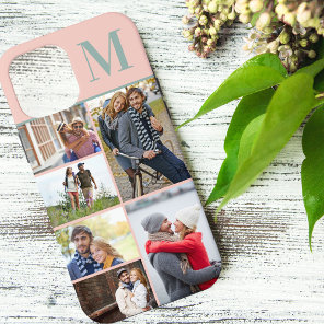 Monogrammed 6 Photo Collage Peach Green iPhone 12 Pro Max Case
