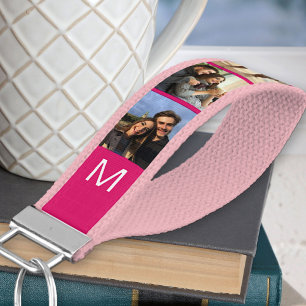 Monogrammed 6 Photo Strip Collage Bright Pink Wrist Keychain