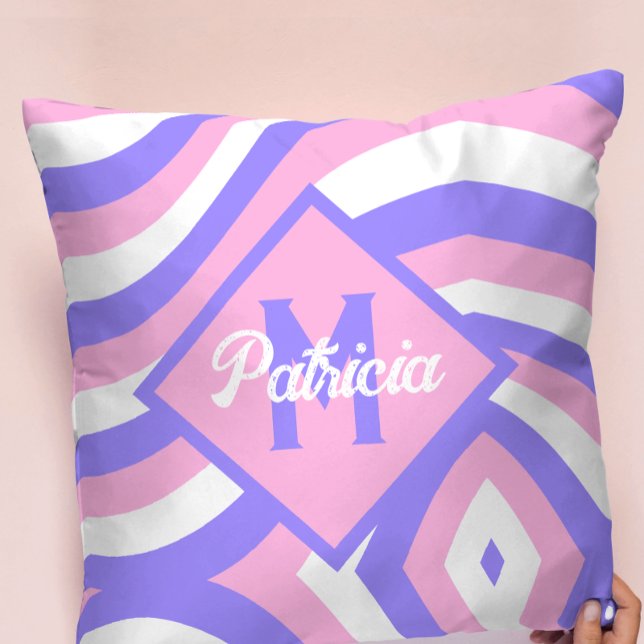 Monogrammed 70s Groovy pink & purple psychedelic Throw Pillow (Creator Uploaded)