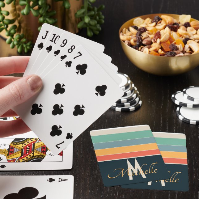 Monogrammed 70s Retro Navy Blue & Teal Stripes Poker Cards (In Situ)