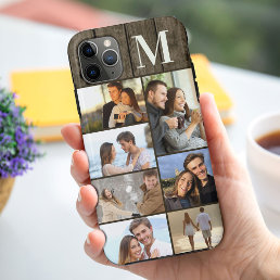 Monogrammed 7 Photo Collage on Dark Wood iPhone 11 Pro Max Case