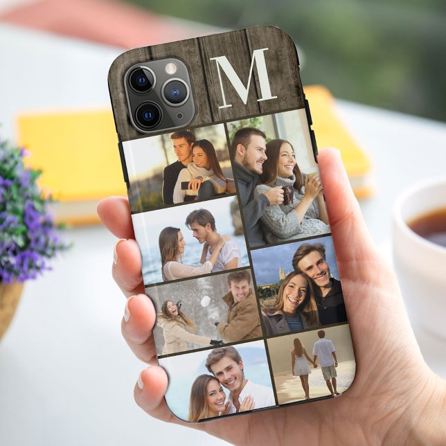 Monogrammed 7 Photo Collage on Dark Wood Case-Mate iPhone Case (Creator Uploaded)