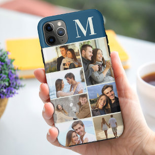 Monogrammed 7 Photo Collage on Teal Peacock Blue iPhone 11 Pro Max Case