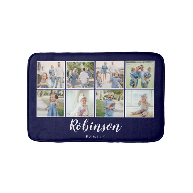 Monogrammed 8 Photo Family Collage Navy Blue Bath Mat (Front)