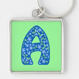 Monogrammed A Blue Floral Pattern Keychain
