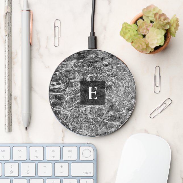 Monogrammed Abstract Black and White Water Photo Wireless Charger (Desk)