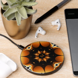 Monogrammed Abstract Black Orange Fractal Wireless Charger