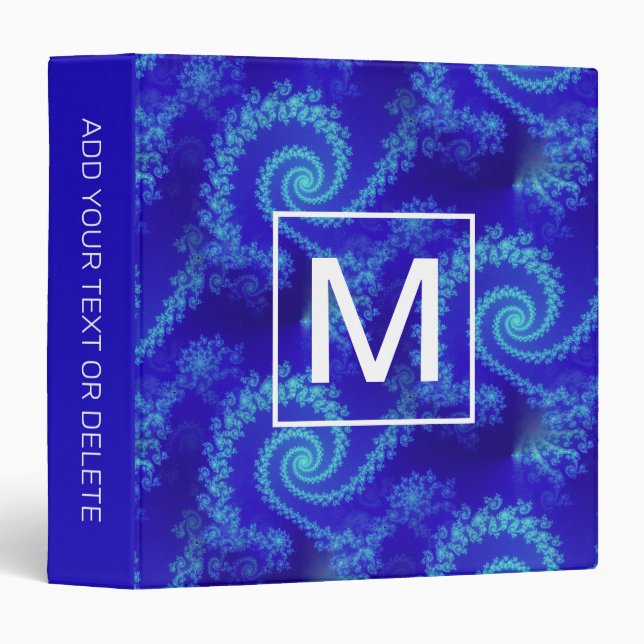 Monogrammed Abstract Blue Spiral Fractal 3 Ring Binder (Front/Spine)