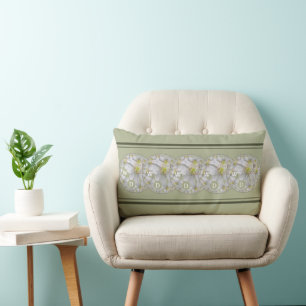Monogrammed Abstract Daisy Flower Art, Grey Green Lumbar Pillow