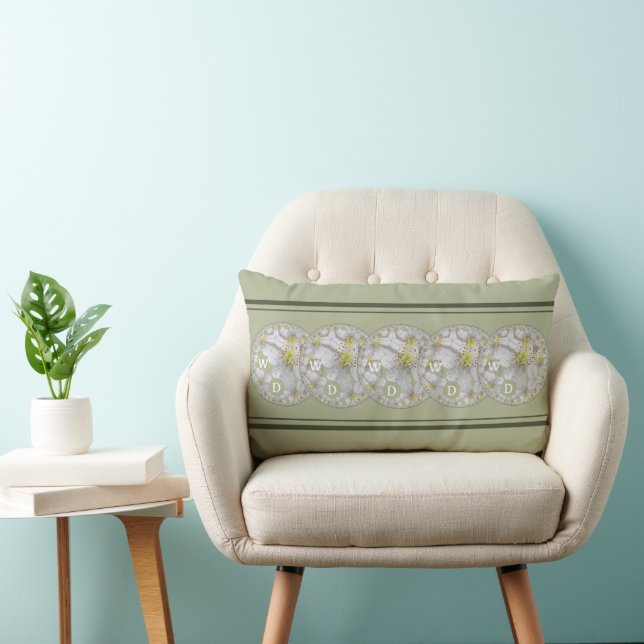Monogrammed Abstract Daisy Flower Art, Grey Green Lumbar Pillow (Chair)