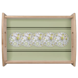 Monogrammed Abstract Daisy Flower Art, Grey Green Serving Tray