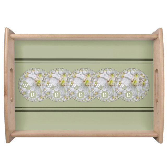 Monogrammed Abstract Daisy Flower Art, Grey Green Serving Tray (Front)