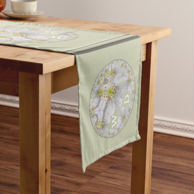 Monogrammed Abstract Daisy Flower Art, Light Green Long Table Runner (In Situ)