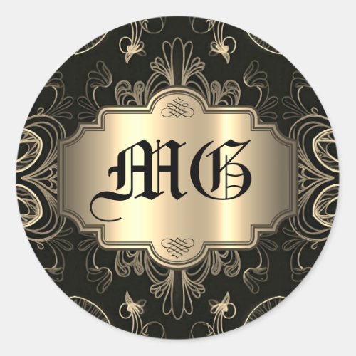 Monogrammed Abstract Floral Black And Gold   Classic Round Sticker
