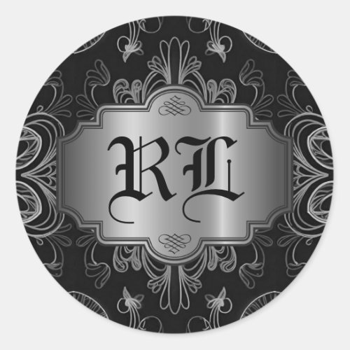 Monogrammed Abstract Floral Black And Silver Classic Round Sticker