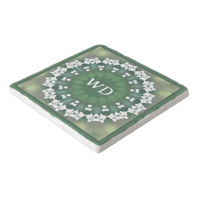 Monogrammed Abstract Floral Elegant Spring Green Trivet (Corner)