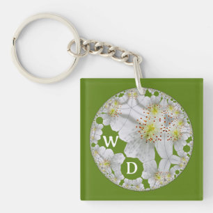 Monogrammed Abstract Fun Floral Art Olive Green Keychain