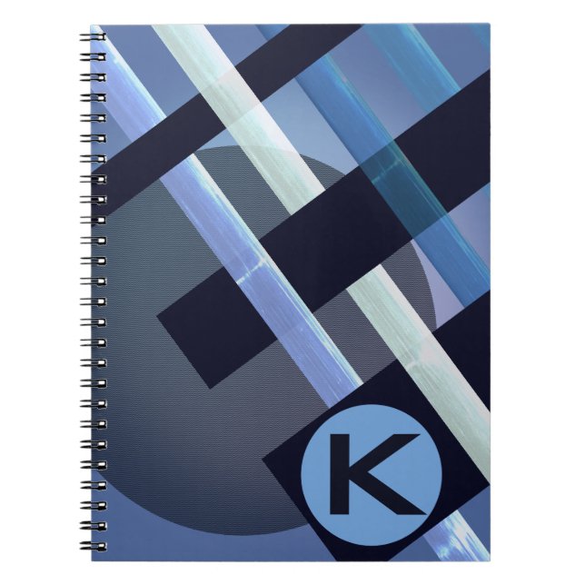 Monogrammed Abstract Weaving Stripes Blue Gray Notebook (Front)