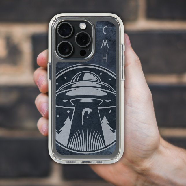 Monogrammed Alien Abduction UFO Spaceship Blue Speck iPhone Case (Creator Uploaded)