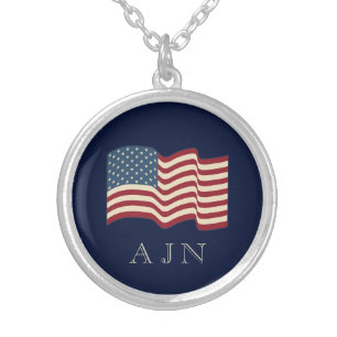 Monogrammed American Flag Silver Necklace 