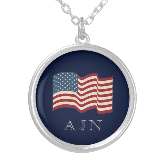Monogrammed American Flag Silver Necklace  (Front)