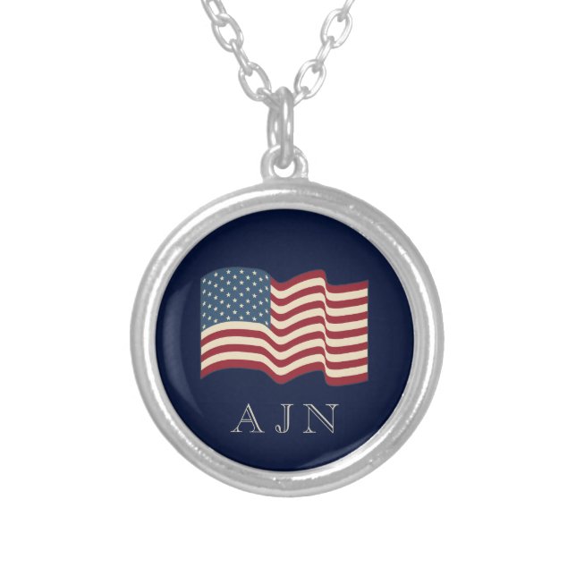Monogrammed American Flag Silver Necklace  (Front)