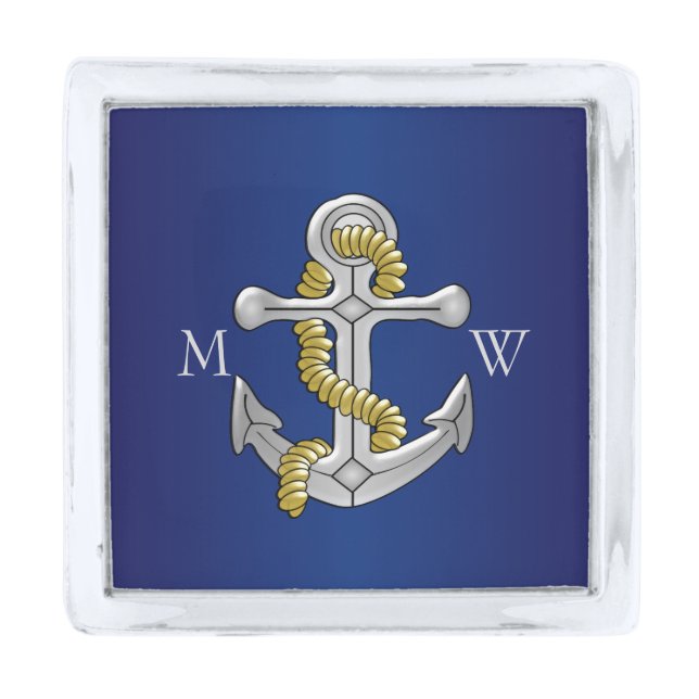 Monogrammed Anchor Design Silver Finish Lapel Pin (Front)