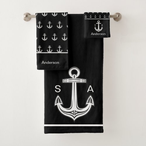 Monogrammed Anchor Nautical Black and White Bath Towel Set